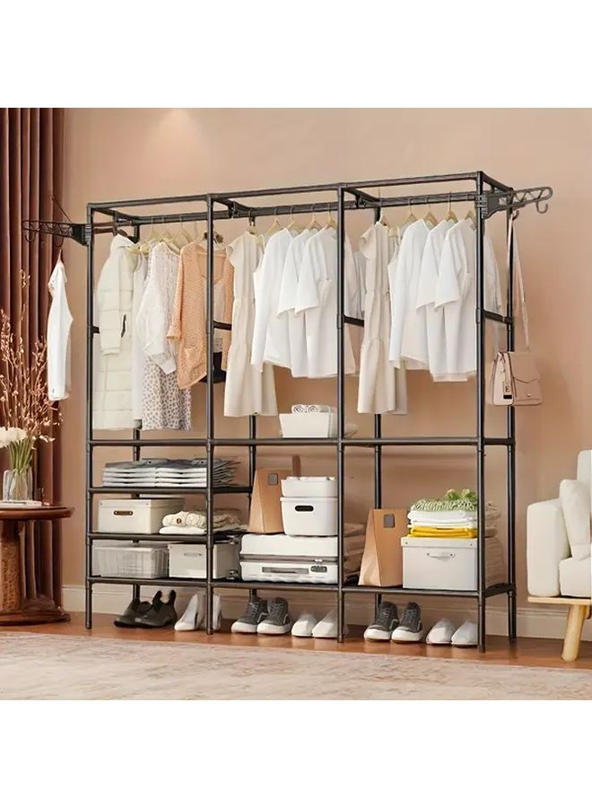 Four Row Black Portable Wardrobe Freestanding Metal Closet With 10 Compartments Rod And Shelf - Image 2